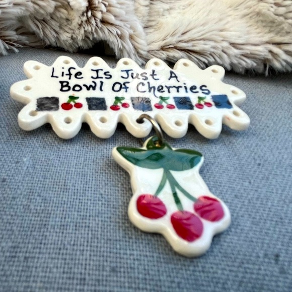 Vintage Artisan Clay Cherry Brooch with Saying Handmade Cottagecore - Picture 4 of 5